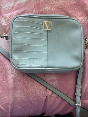 Victoria's Secret Light Gray Two-Texture Crossbody Bag with Gold V